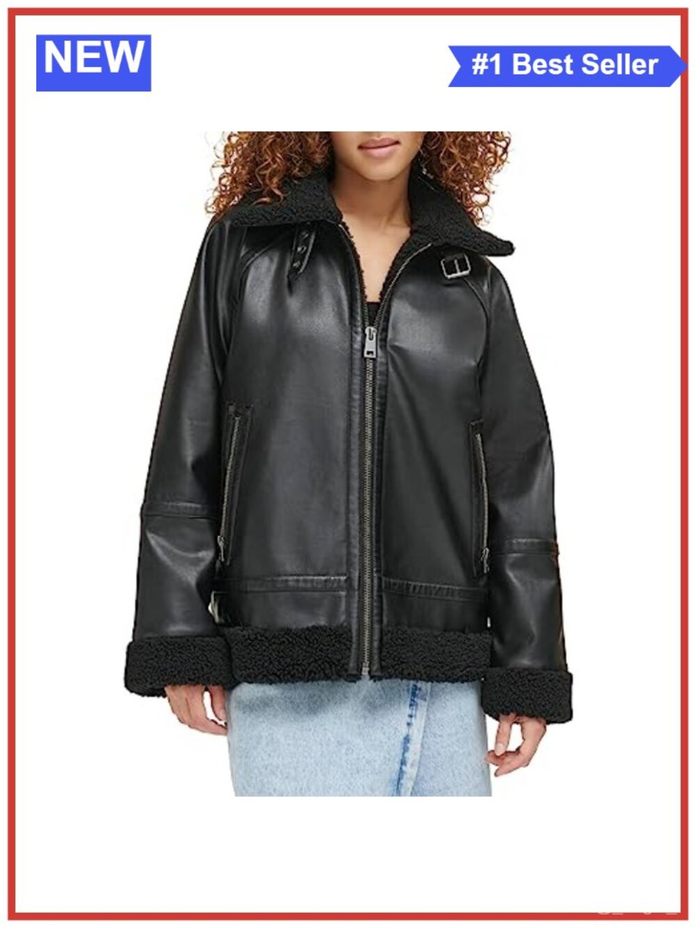 Faux Leather Relaxed Aviator Jacket Sherpa Collar Zip Up